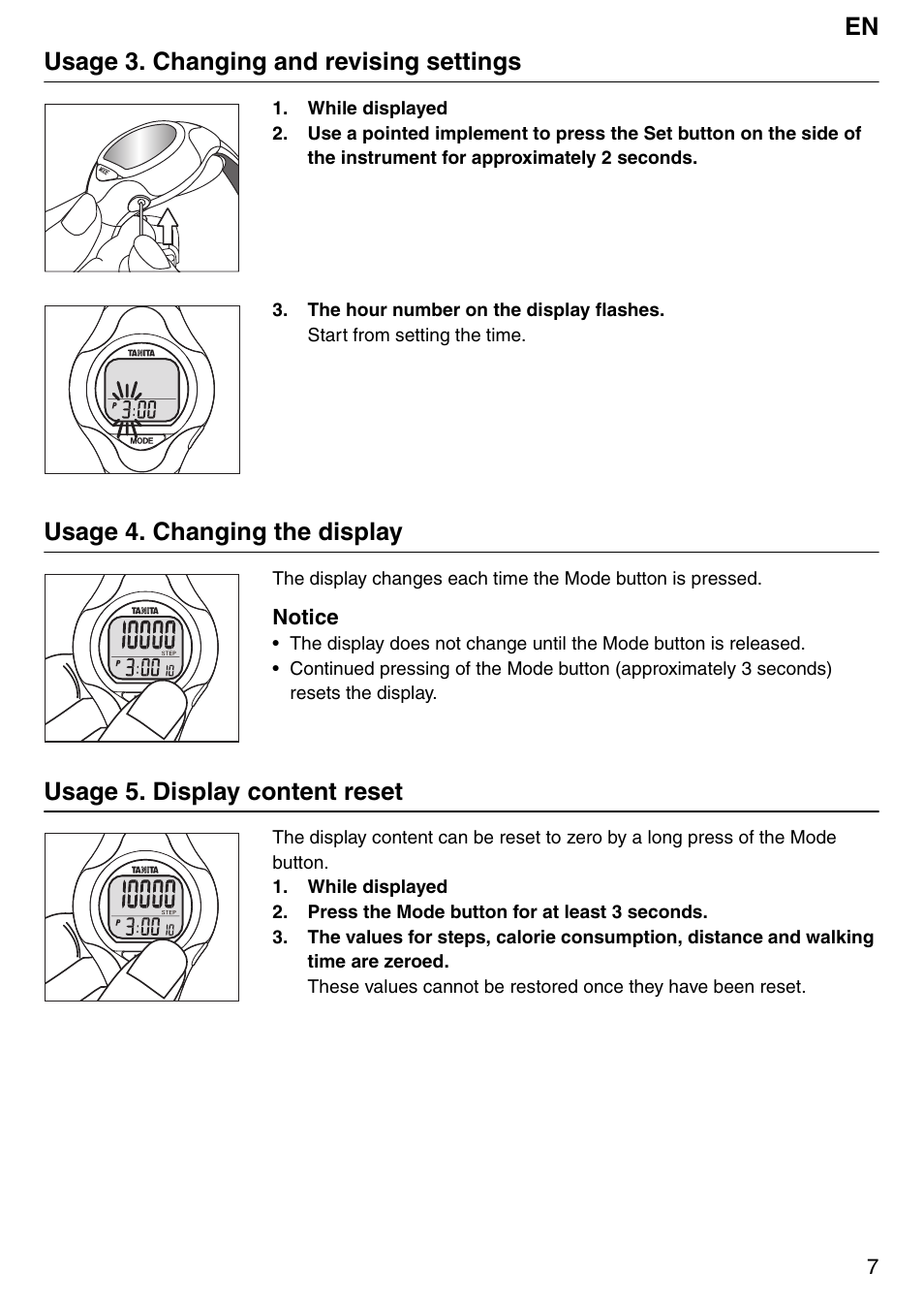 En usage 3. changing and revising settings, Usage 4. changing the display, Usage 5. display content reset | Tanita Step PD642 User Manual | Page 7 / 72