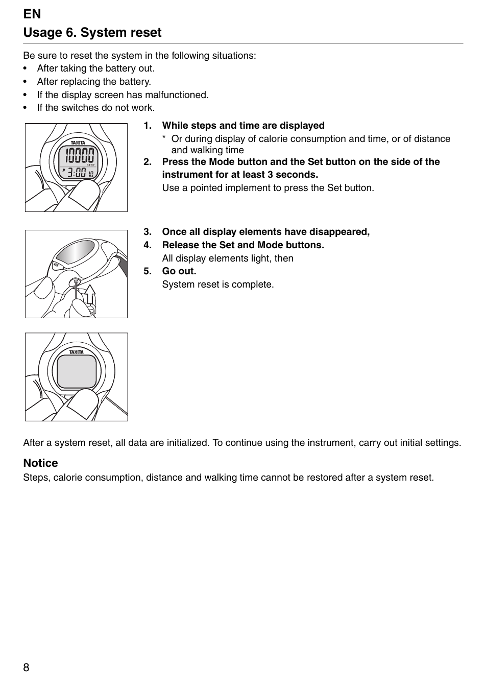 En usage 6. system reset | Tanita Step PD642 User Manual | Page 8 / 72