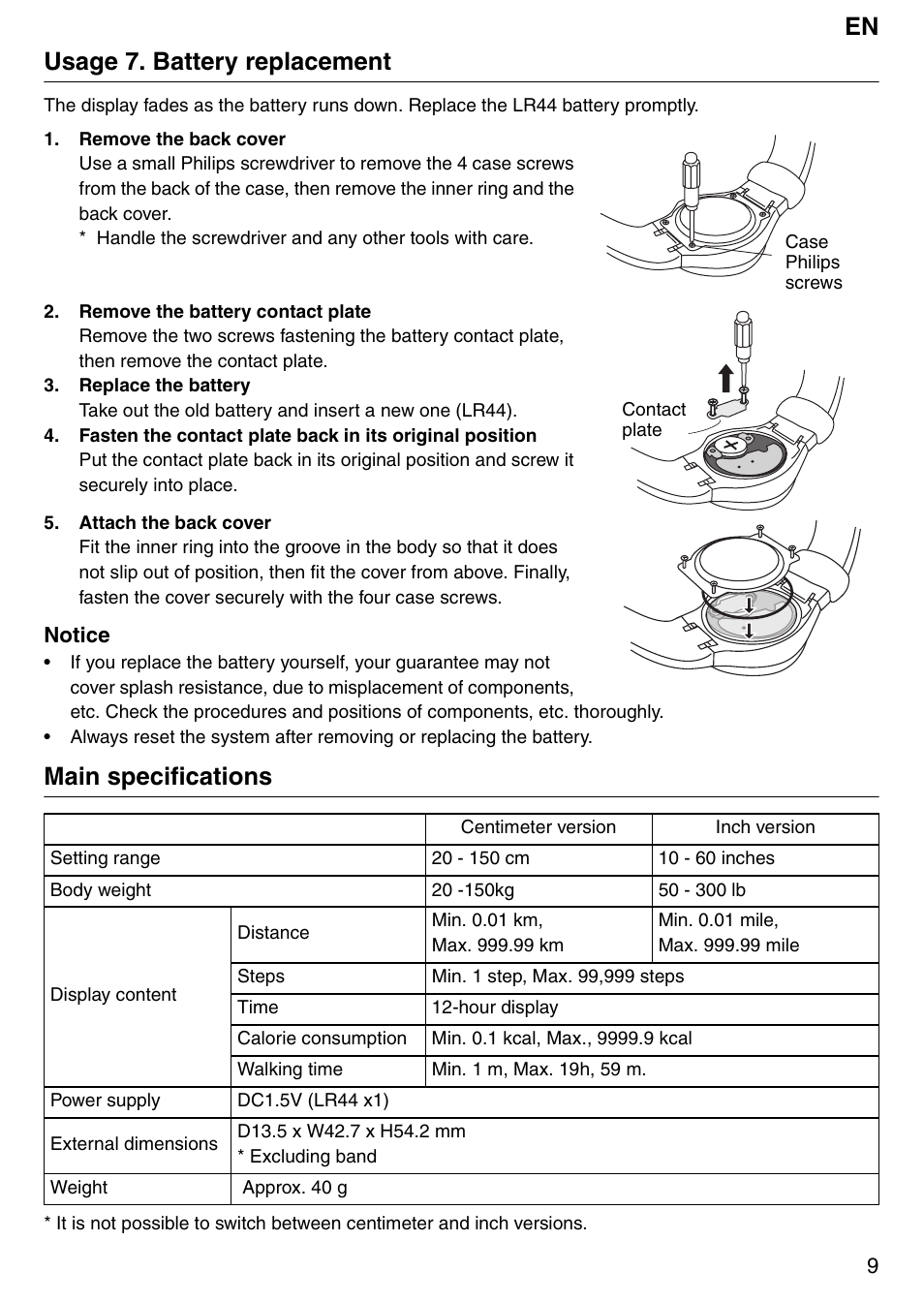 En usage 7. battery replacement, Main specifications | Tanita Step PD642 User Manual | Page 9 / 72
