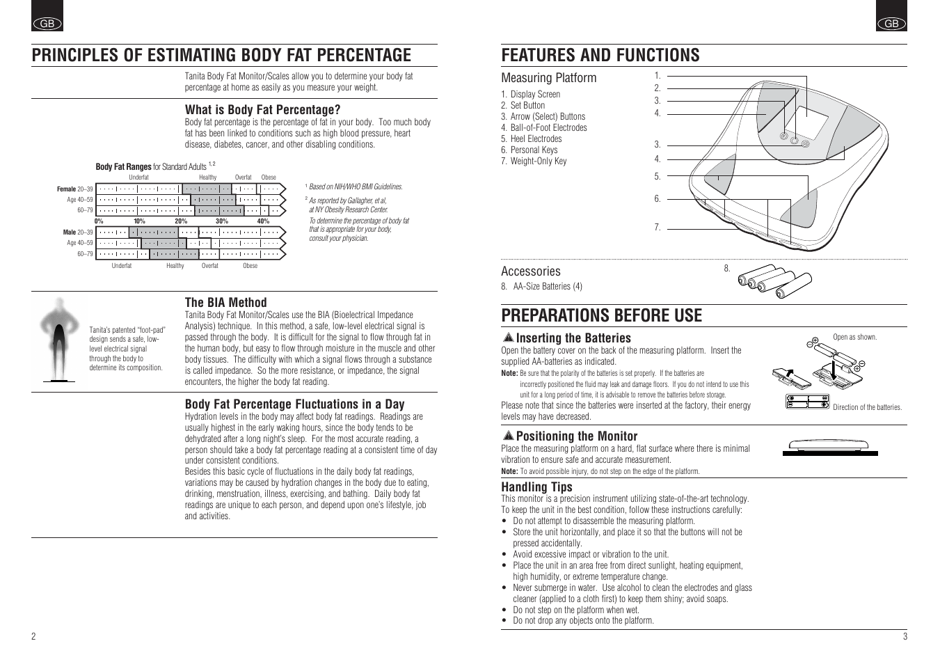 Features and functions preparations before use, Principles of estimating body fat percentage, Inserting the batteries | Positioning the monitor, Handling tips, Measuring platform, Accessories, What is body fat percentage, The bia method, Body fat percentage fluctuations in a day | Tanita BF-664 User Manual | Page 3 / 5