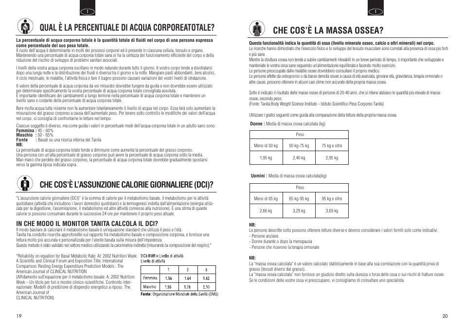 Che cos’è la massa ossea, Qual è la percentuale di acqua corporeatotale, Che cos’è l’assunzione calorie giornaliere (dci) | Tanita InnerScan BC550 User Manual | Page 11 / 15