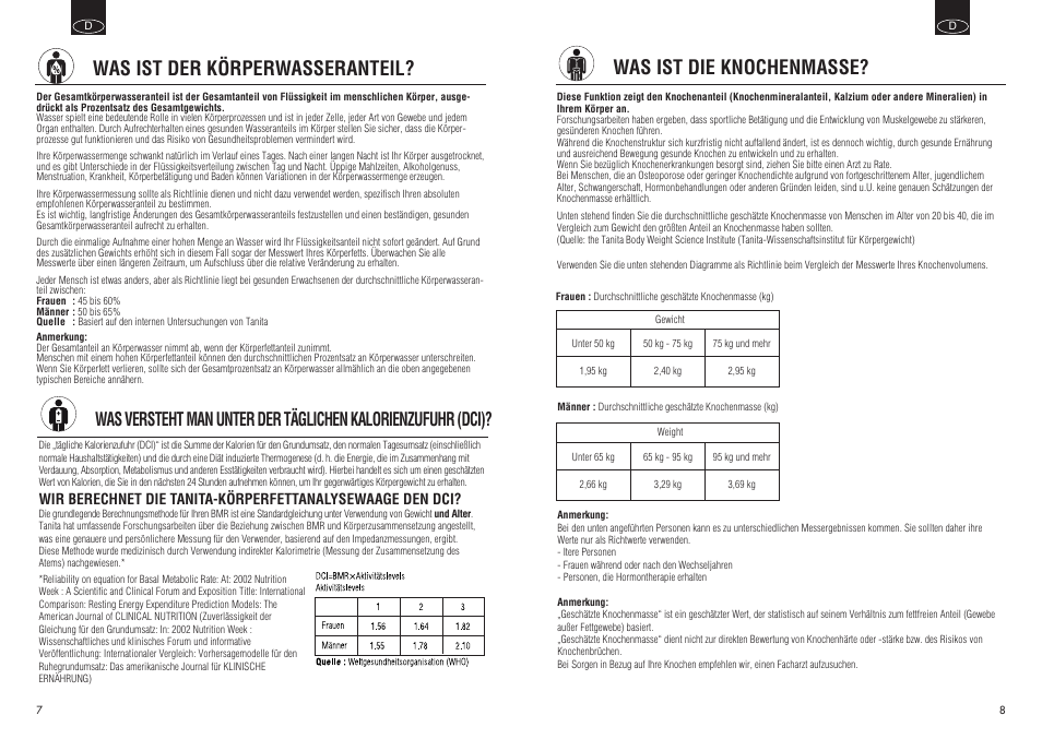 Was ist die knochenmasse, Was ist der körperwasseranteil | Tanita InnerScan BC550 User Manual | Page 5 / 15