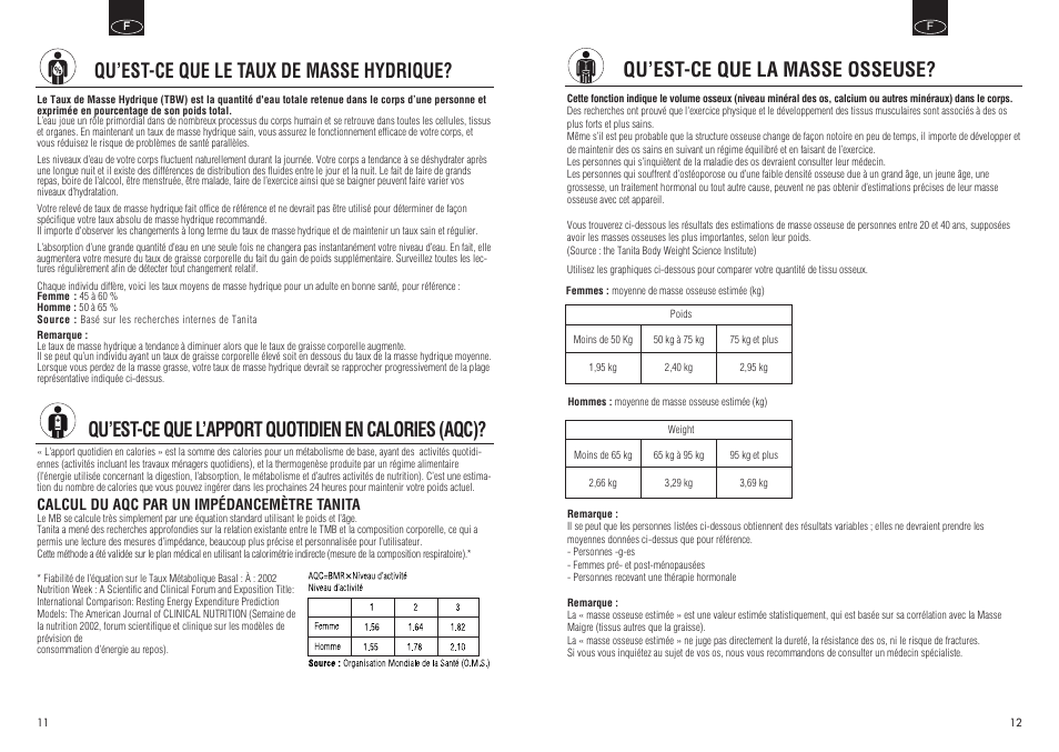 Qu’est-ce que la masse osseuse, Qu’est-ce que l’apport quotidien en calories (aqc), Qu’est-ce que le taux de masse hydrique | Tanita InnerScan BC550 User Manual | Page 7 / 15