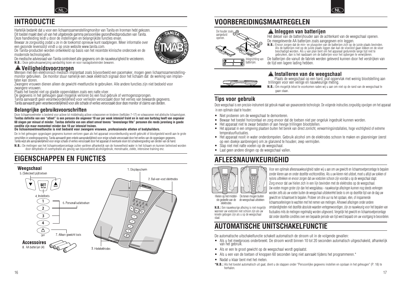 Afleesnauwkeurighid, Automatische unitschakelfunctie, Introductie eigenschappen en functies | Voorbereidingsmaatregelen | Tanita BC-549 User Manual | Page 10 / 19