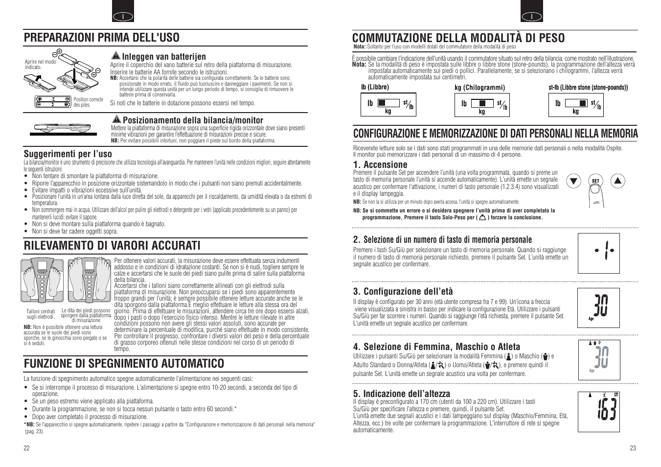 Rilevamento di varori accurati, Funzione di spegnimento automatico, Preparazioni prima dell'uso | Commutazione della modalità di peso | Tanita BC-549 User Manual | Page 13 / 19