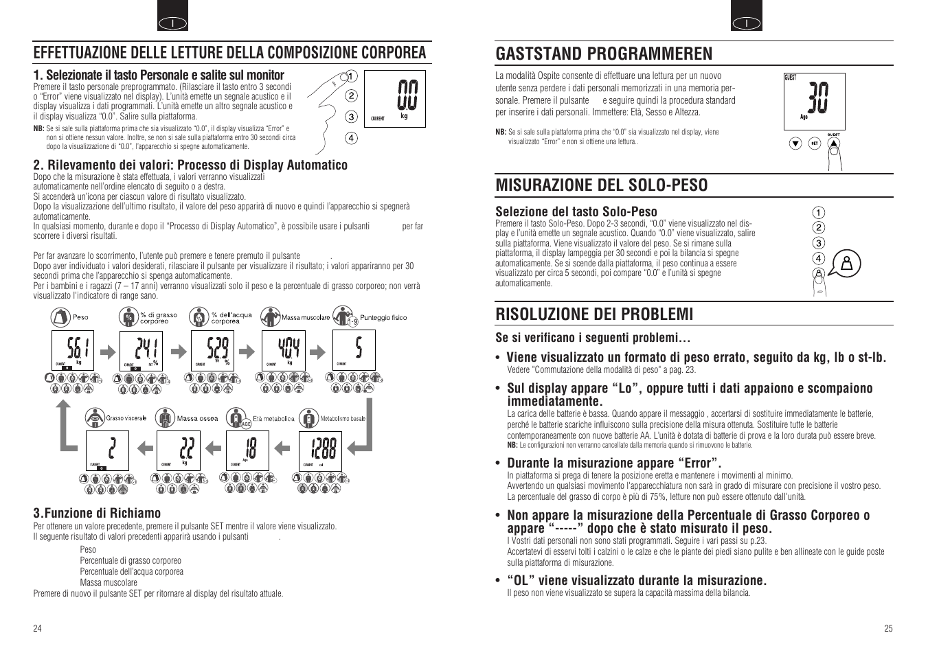 Gaststand programmeren, Misurazione del solo-peso, Risoluzione dei problemi | Tanita BC-549 User Manual | Page 14 / 19