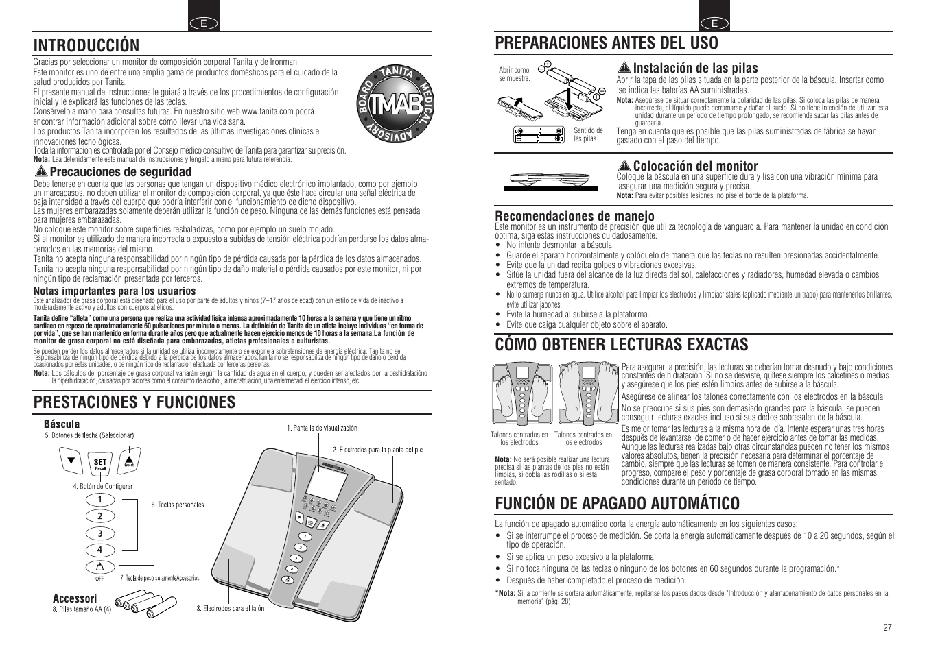 Cómo obtener lecturas exactas, Función de apagado automático, Introducción | Tanita BC-549 User Manual | Page 15 / 19