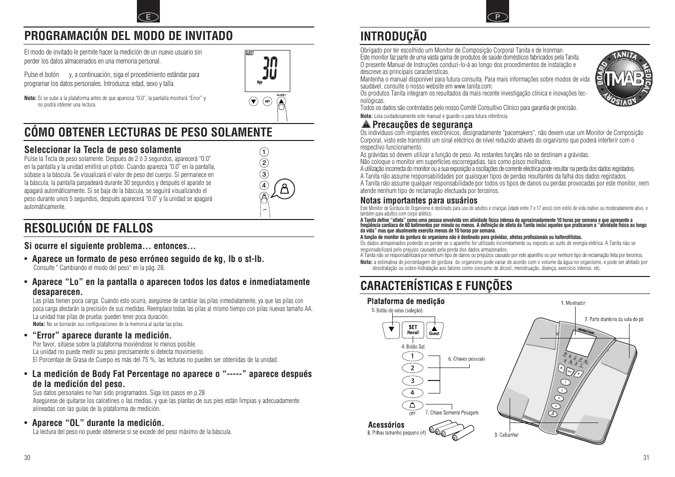 Resolución de fallos, Características e funções, Introdução | Tanita BC-549 User Manual | Page 17 / 19