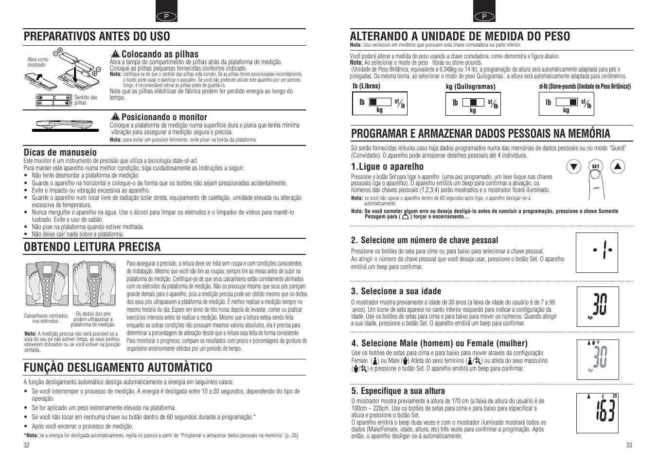 Programar e armazenar dados pessoais na memória, Obtendo leitura precisa, Funçào desligamento automàtico | Preparativos antes do uso, Alterando a unidade de medida do peso | Tanita BC-549 User Manual | Page 18 / 19