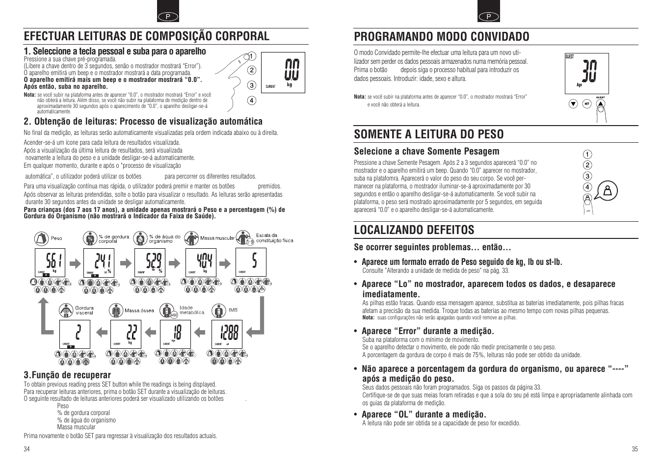 Localizando defeitos, Efectuar leituras de composição corporal | Tanita BC-549 User Manual | Page 19 / 19