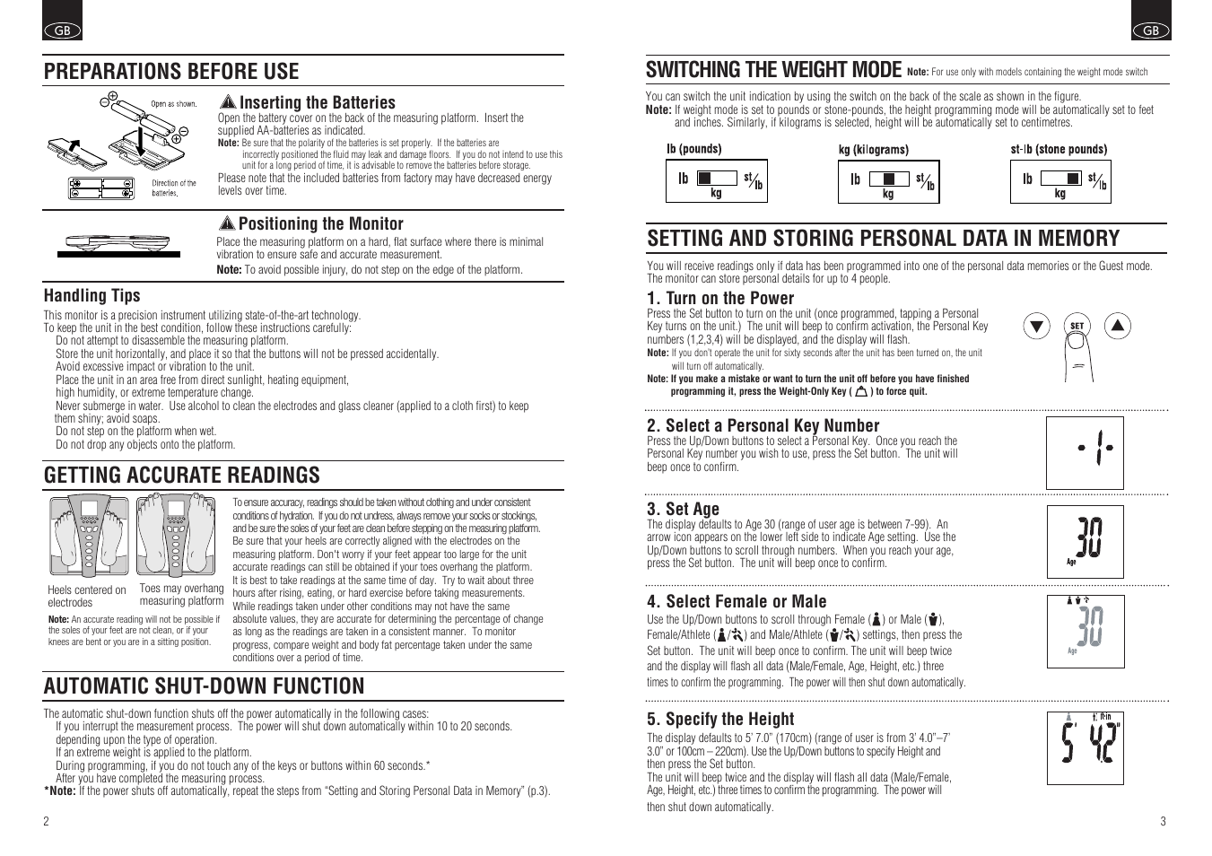 Getting accurate readings, Automatic shut-down function, Preparations before use | Switching the weight mode | Tanita BC-549 User Manual | Page 3 / 19