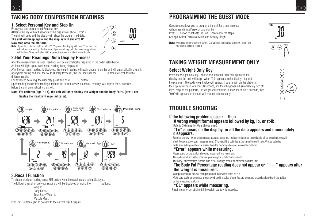 Trouble shooting, Taking body composition readings | Tanita BC-549 User Manual | Page 4 / 19