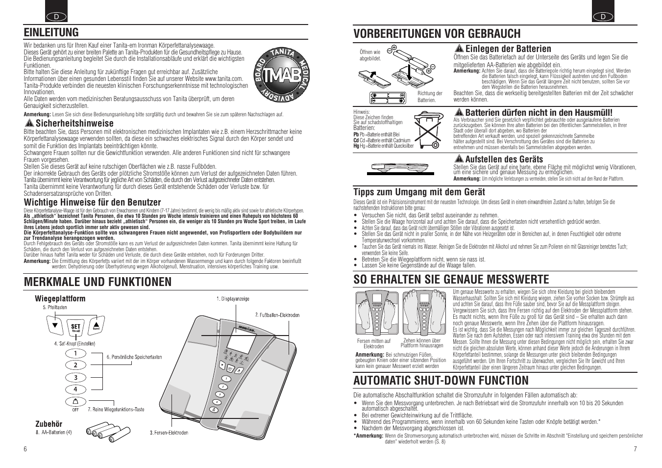 Vorbereitungen vor gebrauch, So erhalten sie genaue messwerte, Automatic shut-down function | Einleitung merkmale und funktionen | Tanita BC-549 User Manual | Page 5 / 19