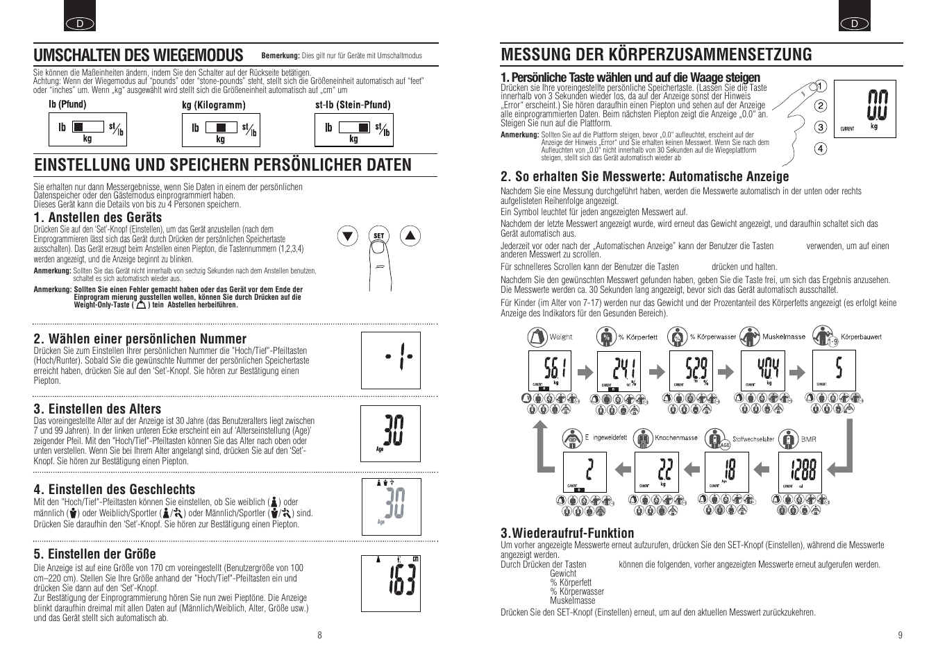 Messung der körperzusammensetzung, Einstellung und speichern persönlicher daten, Umschalten des wiegemodus | Tanita BC-549 User Manual | Page 6 / 19