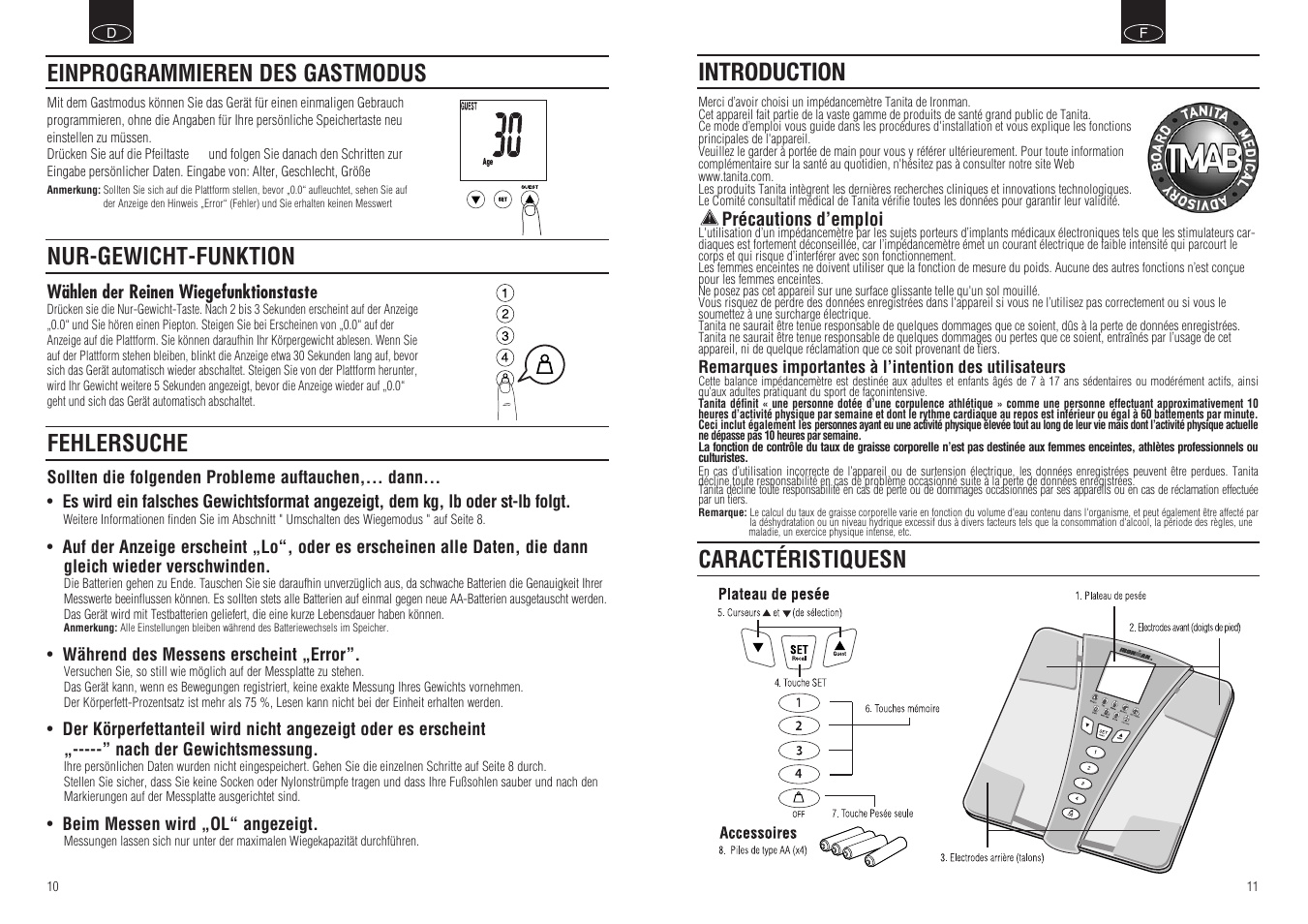 Introduction, Caractéristiquesn, Fehlersuche | Tanita BC-549 User Manual | Page 7 / 19