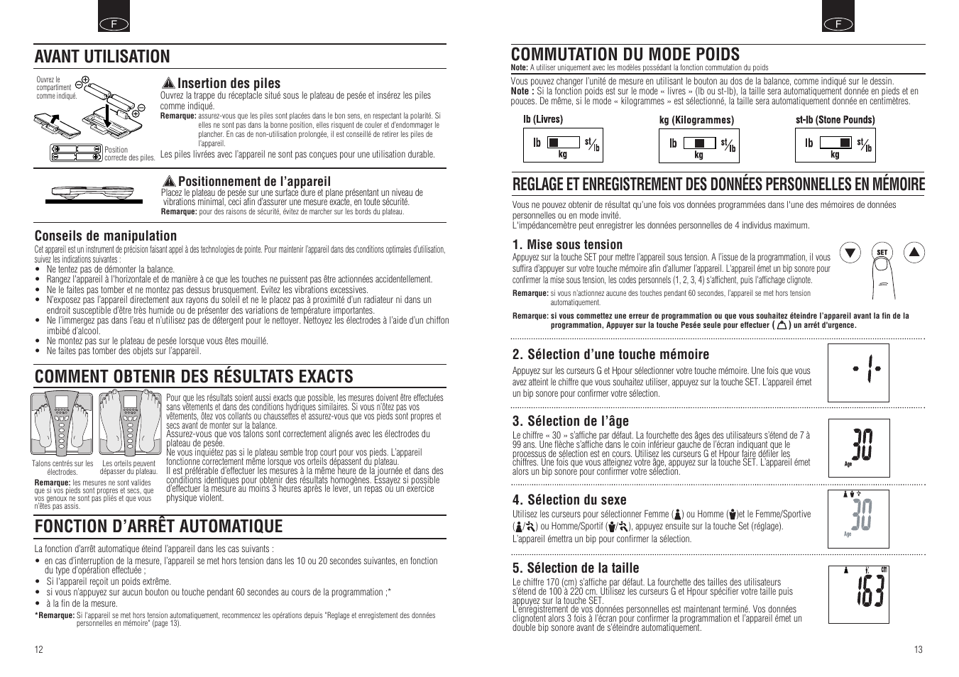 Comment obtenir des résultats exacts, Fonction d’arrêt automatique, Avant utilisation | Commutation du mode poids | Tanita BC-549 User Manual | Page 8 / 19