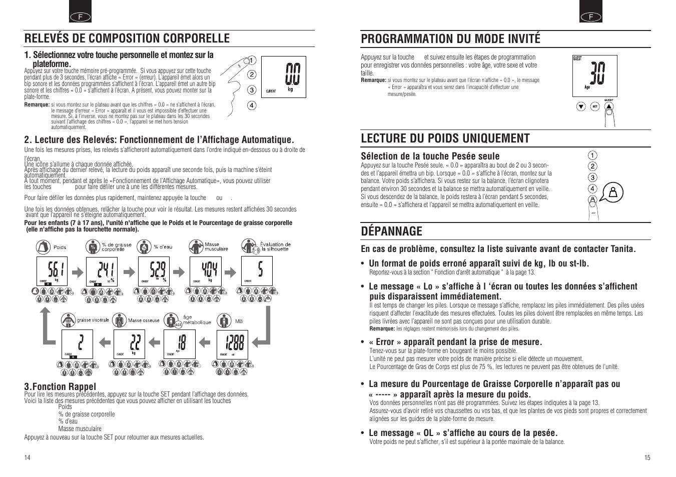 Dépannage, Relevés de composition corporelle | Tanita BC-549 User Manual | Page 9 / 19