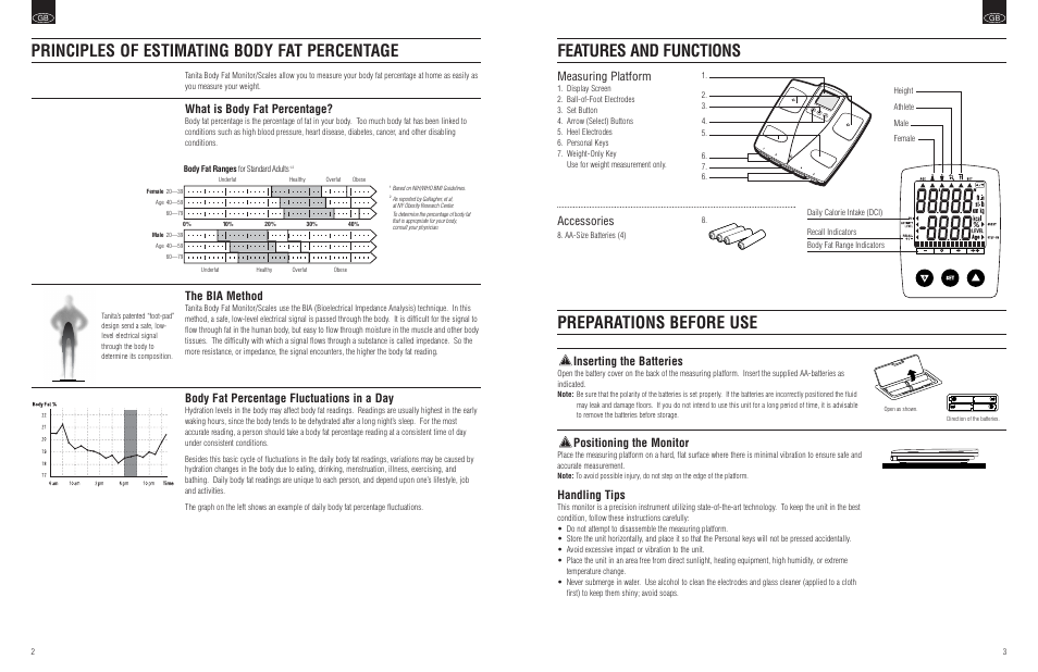 Features and functions, Preparations before use, Principles of estimating body fat percentage | Measuring platform, Accessories, Inserting the batteries, Positioning the monitor, Handling tips, What is body fat percentage, The bia method | Tanita BF-559 User Manual | Page 3 / 6