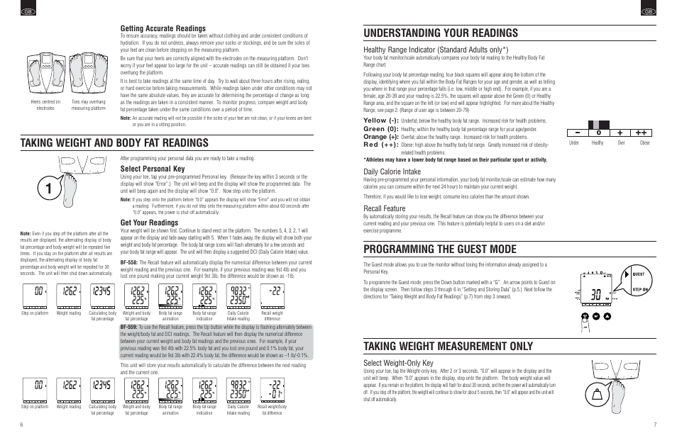 Taking weight measurement only, Taking weight and body fat readings, Healthy range indicator (standard adults only*) | Daily calorie intake, Recall feature, Select weight-only key, Getting accurate readings, Select personal key, Get your readings | Tanita BF-559 User Manual | Page 5 / 6