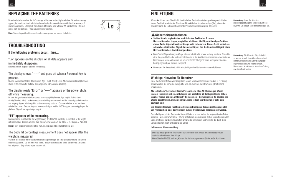 Einleitung, Troubleshooting, Replacing the batteries | Sicherheitsmaßnahmen, Wichtige hinweise für benutzer, E1” appears while measuring | Tanita BF-559 User Manual | Page 6 / 6