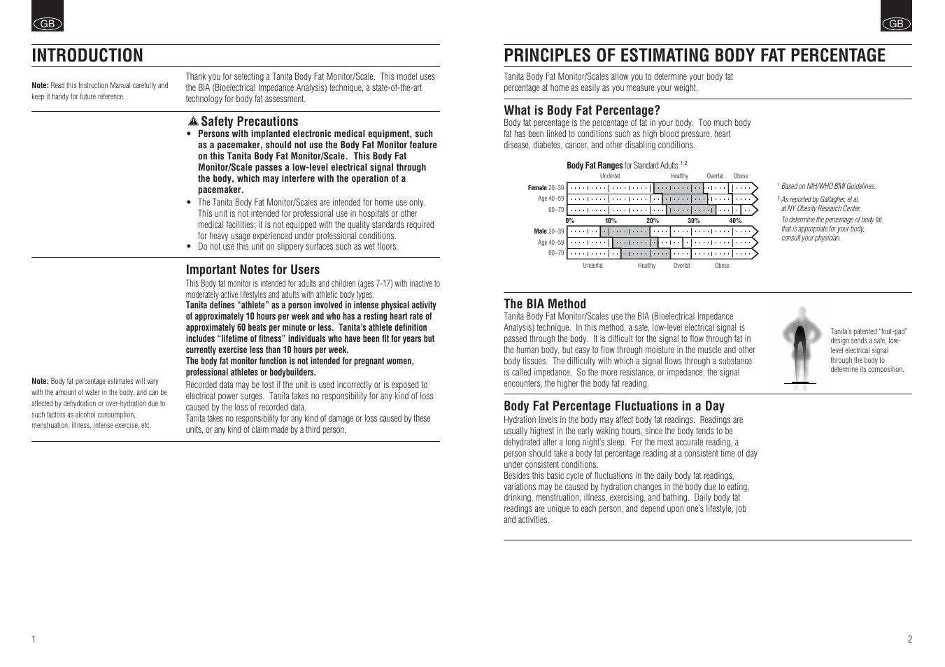 Principles of estimating body fat percentage, Introduction, What is body fat percentage | The bia method, Body fat percentage fluctuations in a day, Safety precautions | Tanita BF-579 User Manual | Page 2 / 5