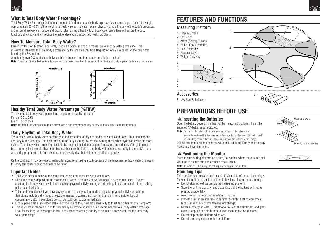 Features and functions preparations before use | Tanita BF-579 User Manual | Page 3 / 5