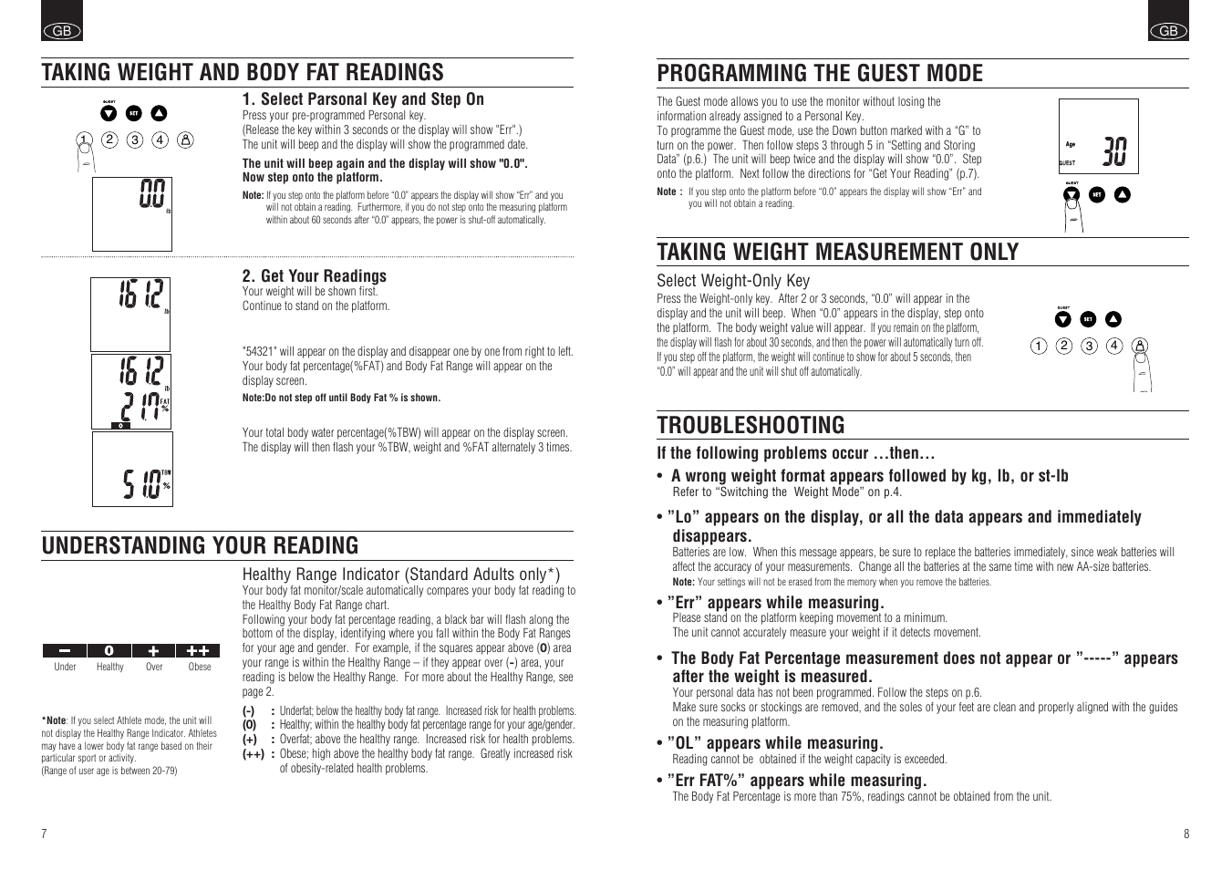 Troubleshooting, Taking weight measurement only, Programming the guest mode | Tanita BF-579 User Manual | Page 5 / 5