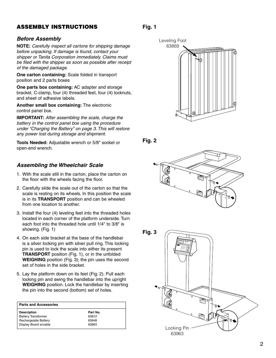 Assembly instructions before assembly, Assembling the wheelchair scale, 2fig. 1 fig. 2 fig. 3 | Tanita 4800 User Manual | Page 3 / 9