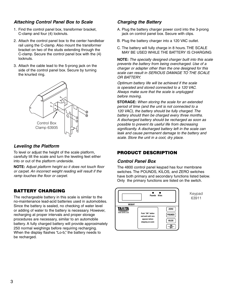 Attaching control panel box to scale, Leveling the platform, Battery charging | Charging the battery, Product description control panel box | Tanita 4800 User Manual | Page 4 / 9