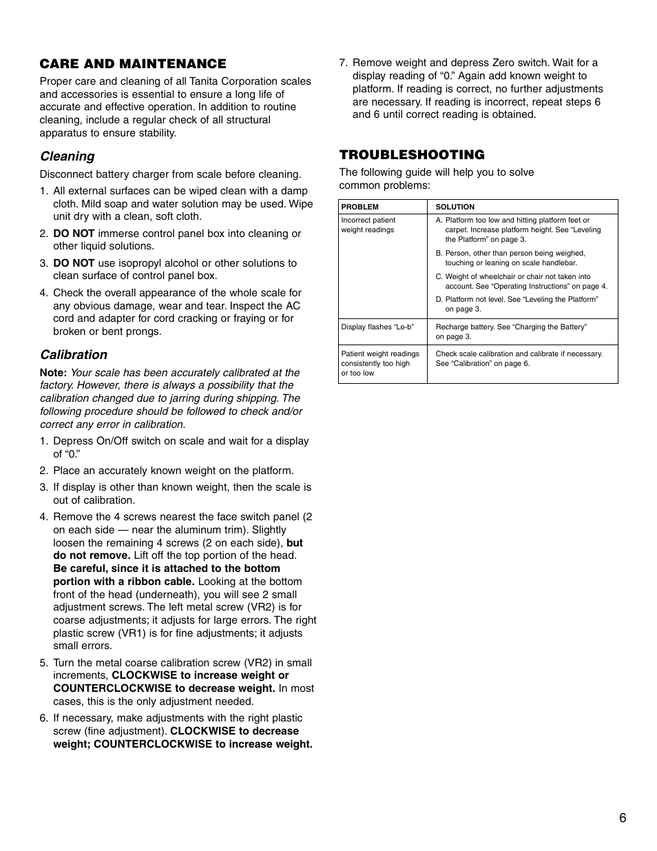 Troubleshooting, Care and maintenance, Cleaning | Calibration | Tanita 4800 User Manual | Page 7 / 9