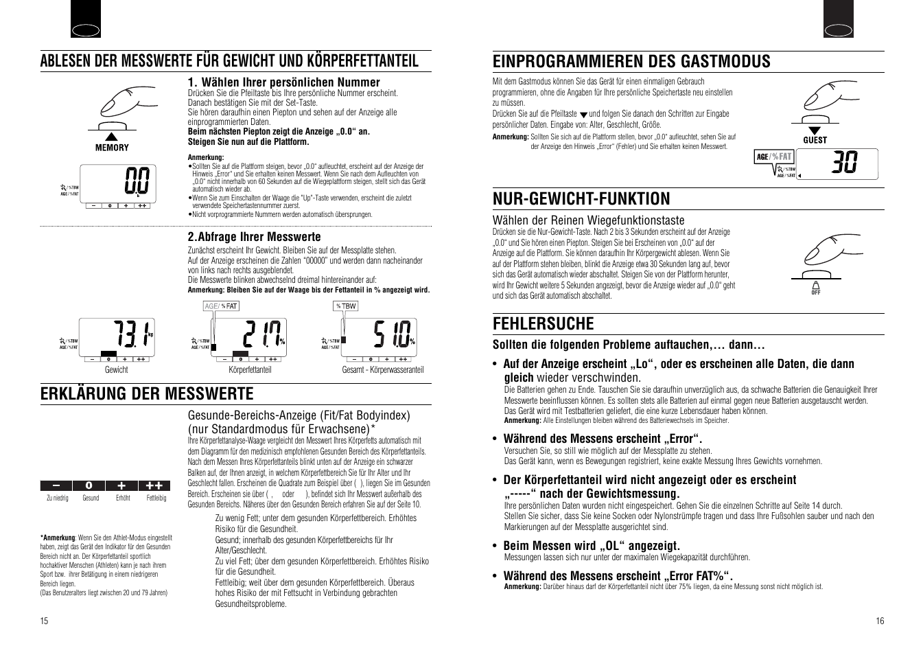 Fehlersuche, Einprogrammieren des gastmodus, Nur-gewicht-funktion | Tanita UM-030 User Manual | Page 10 / 30