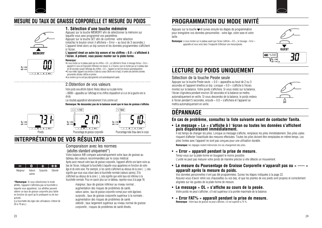 Dépannage, Programmation du mode invité, Lecture du poids uniquement | Tanita UM-030 User Manual | Page 14 / 30