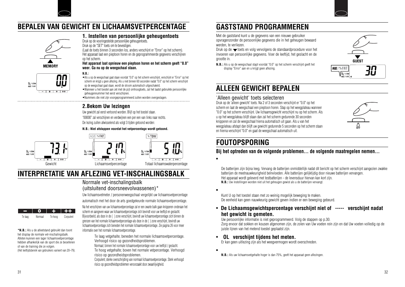 Foutopsporing, Alleen gewicht bepalen, Gaststand programmeren | Tanita UM-030 User Manual | Page 18 / 30