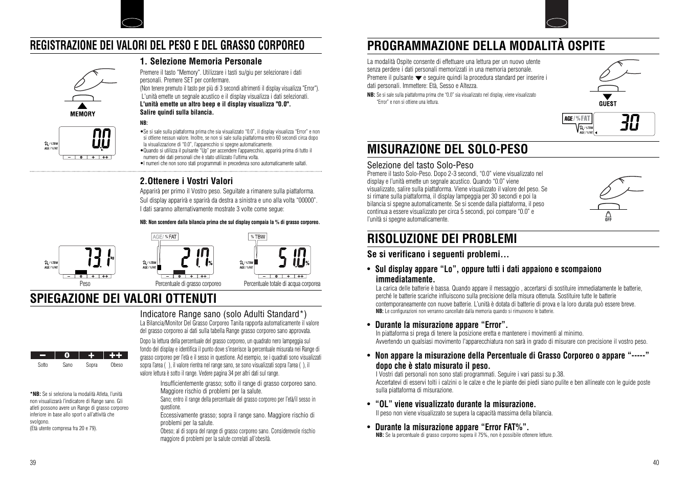 Risoluzione dei problemi, Misurazione del solo-peso, Programmazione della modalità ospite | Tanita UM-030 User Manual | Page 22 / 30
