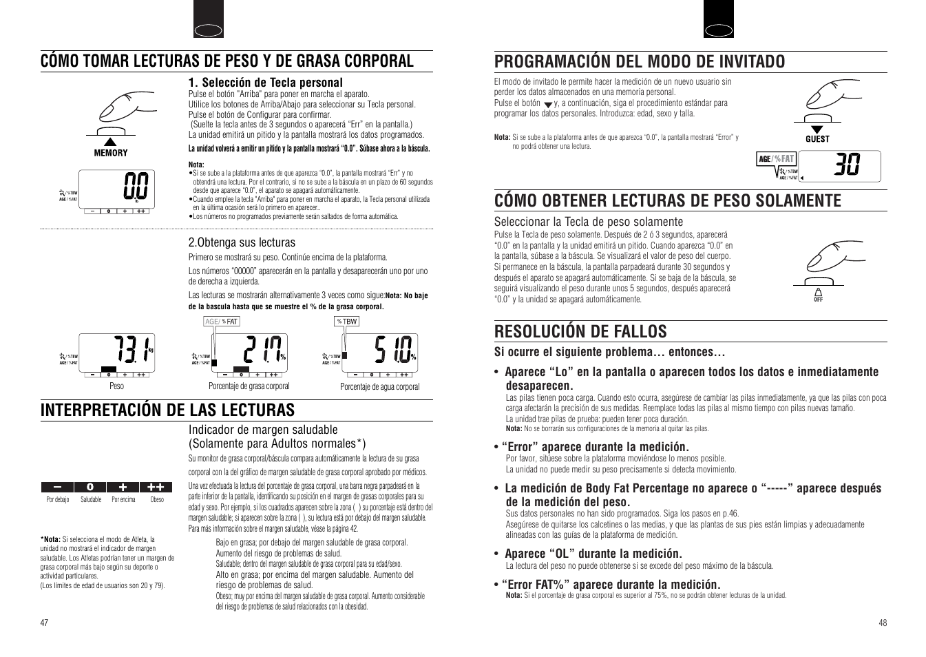 Resolución de fallos, Cómo obtener lecturas de peso solamente, Programación del modo de invitado | Tanita UM-030 User Manual | Page 26 / 30