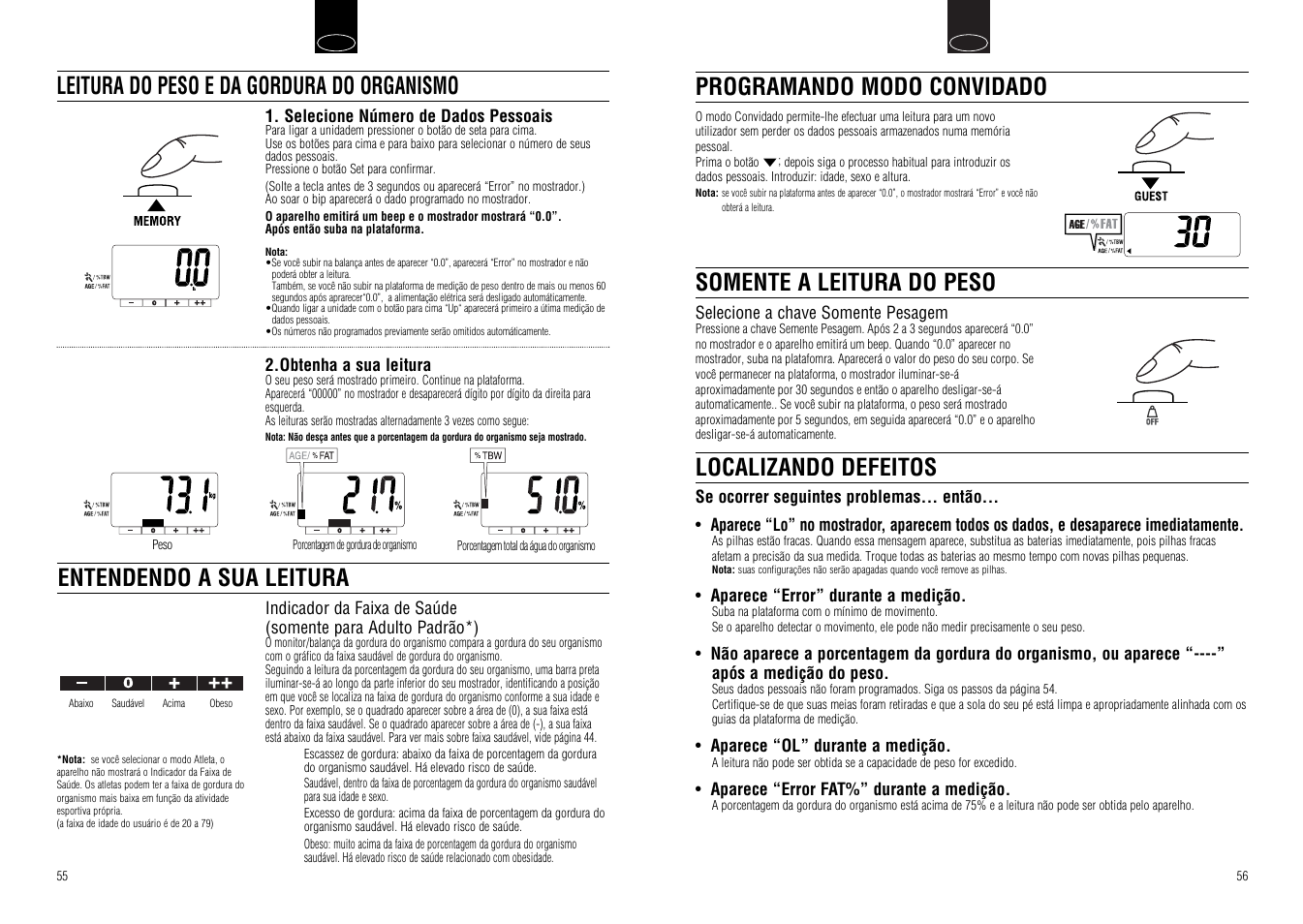 Localizando defeitos, Somente a leitura do peso, Programando modo convidado | Tanita UM-030 User Manual | Page 30 / 30