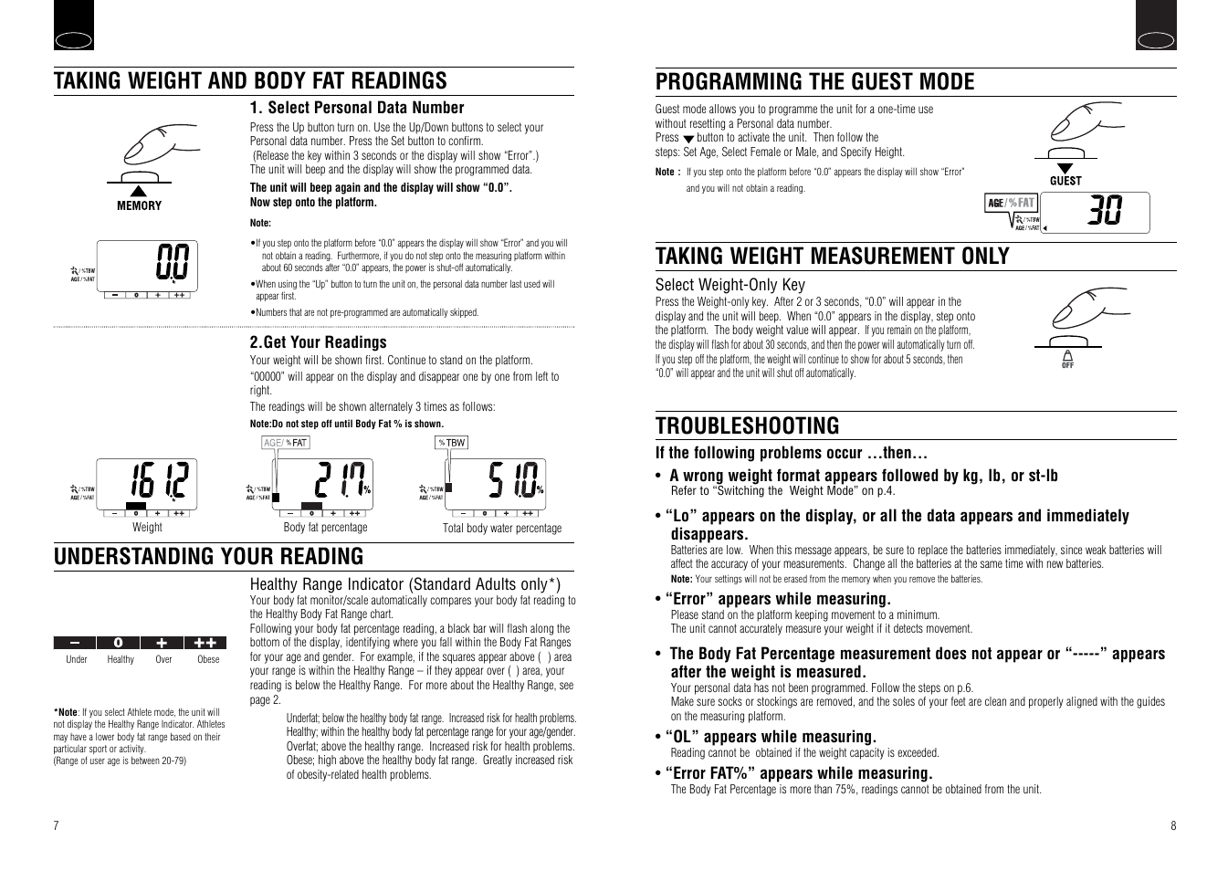 Troubleshooting, Taking weight measurement only, Programming the guest mode | Tanita UM-030 User Manual | Page 6 / 30