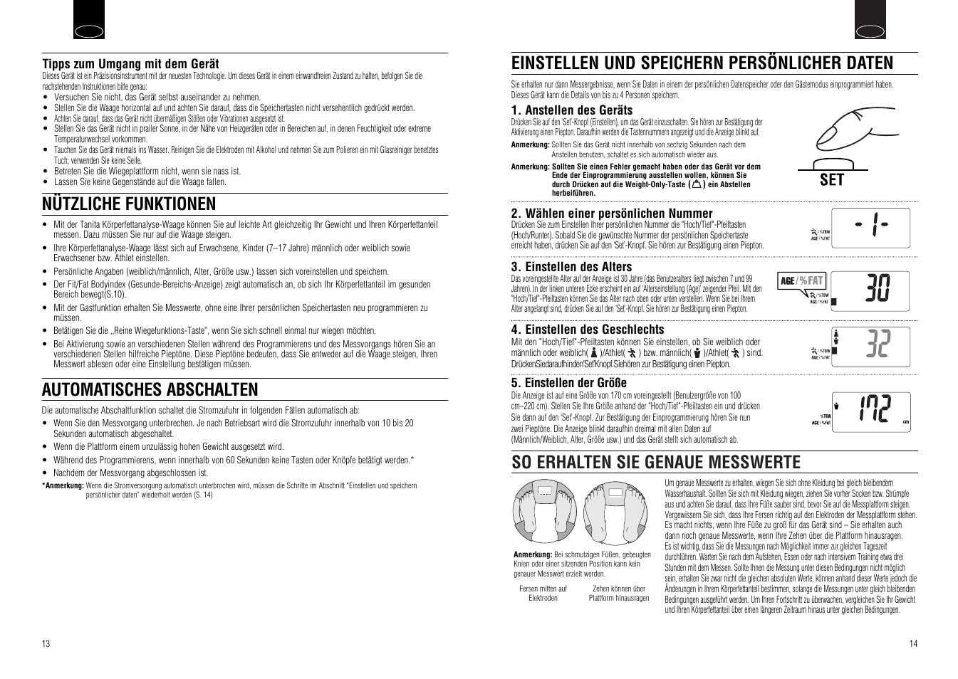 So erhalten sie genaue messwerte, Einstellen und speichern persönlicher daten, Nützliche funktionen automatisches abschalten | Tanita UM-030 User Manual | Page 9 / 30