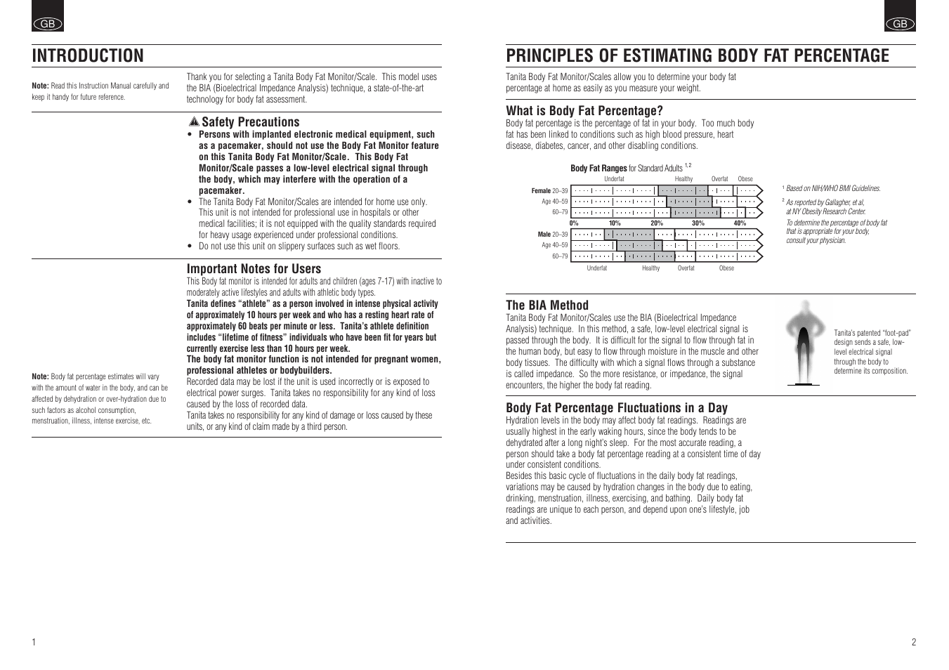 Principles of estimating body fat percentage, Introduction, What is body fat percentage | The bia method, Body fat percentage fluctuations in a day, Safety precautions | Tanita BF-662W User Manual | Page 2 / 5