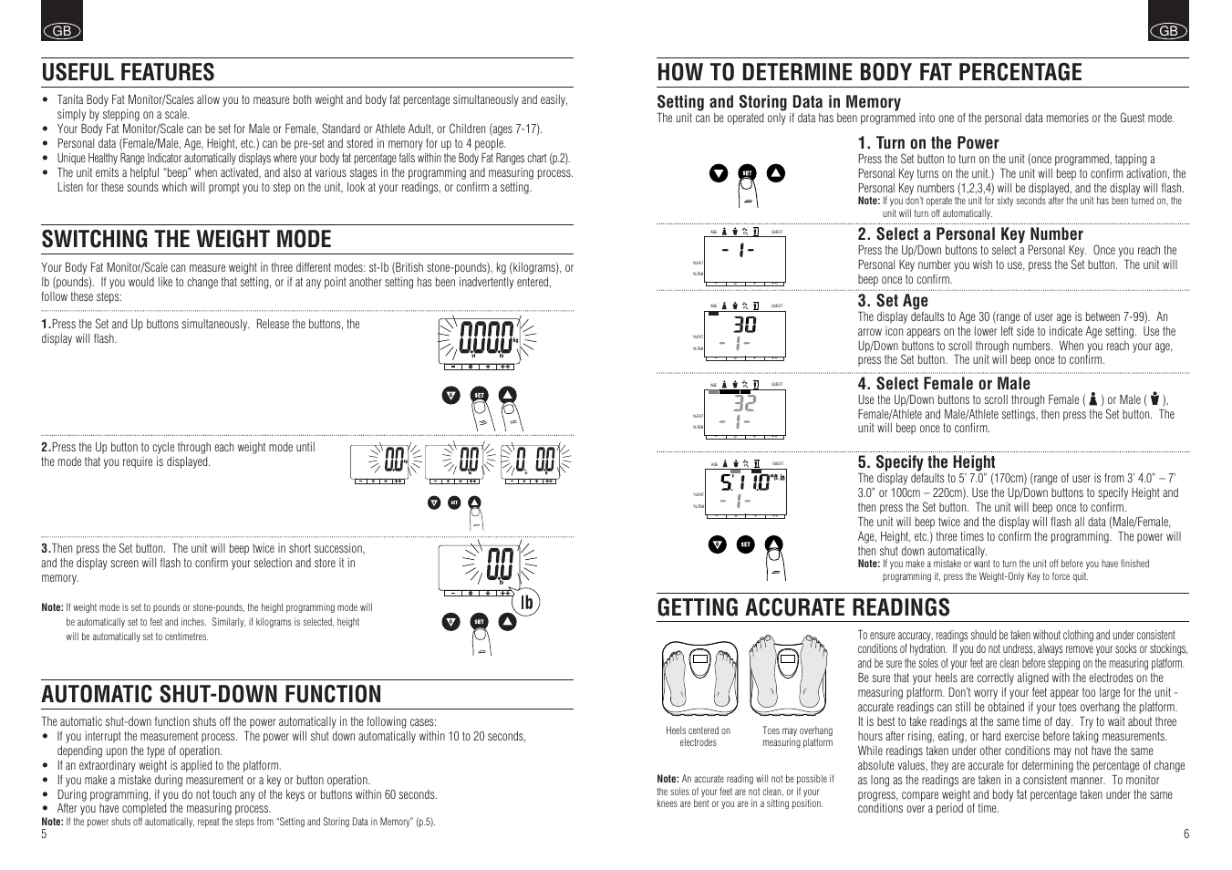 Turn on the power, Select a personal key number, Set age | Select female or male, Specify the height | Tanita BF-662W User Manual | Page 4 / 5