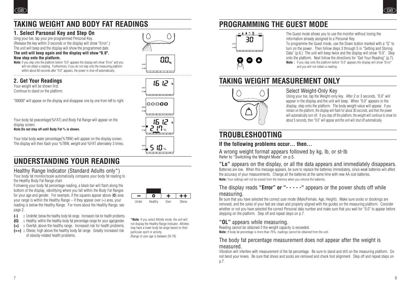 Troubleshooting, Taking weight measurement only, Programming the guest mode | Tanita BF-662W User Manual | Page 5 / 5