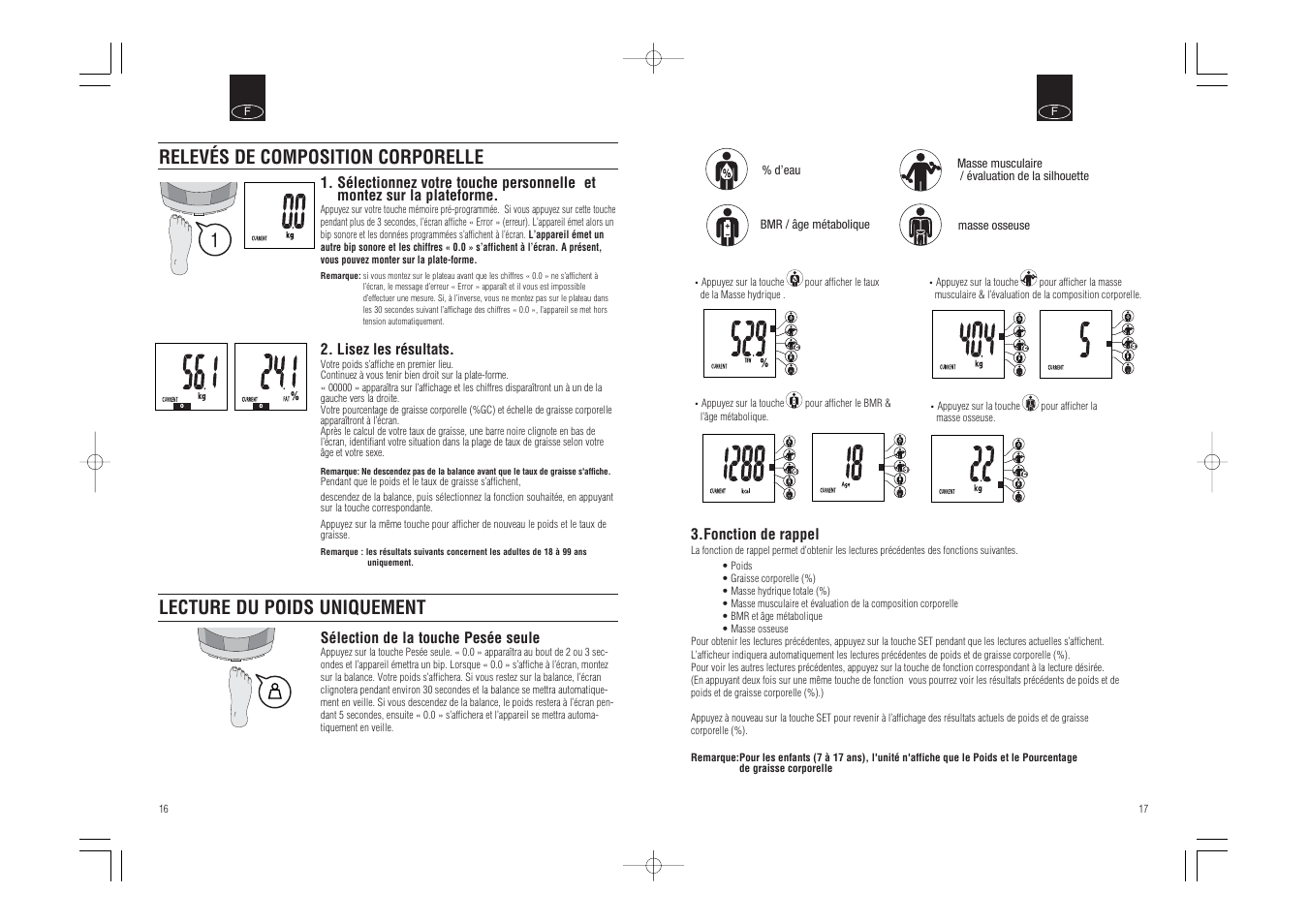 Relevés de composition corporelle, Lecture du poids uniquement | Tanita InnerScan Body Composition Monitor BC-540 User Manual | Page 10 / 23