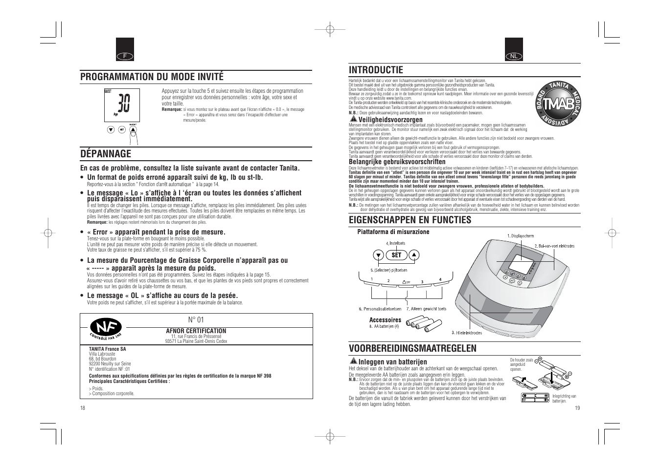 Reca ll guest, Dépannage, Introductie | Programmation du mode invité | Tanita InnerScan Body Composition Monitor BC-540 User Manual | Page 11 / 23