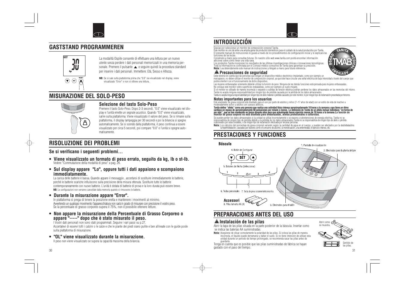 Rec all guest, Introducción, Prestaciones y funciones | Preparaciones antes del uso, Gaststand programmeren misurazione del solo-peso, Risoluzione dei problemi | Tanita InnerScan Body Composition Monitor BC-540 User Manual | Page 17 / 23