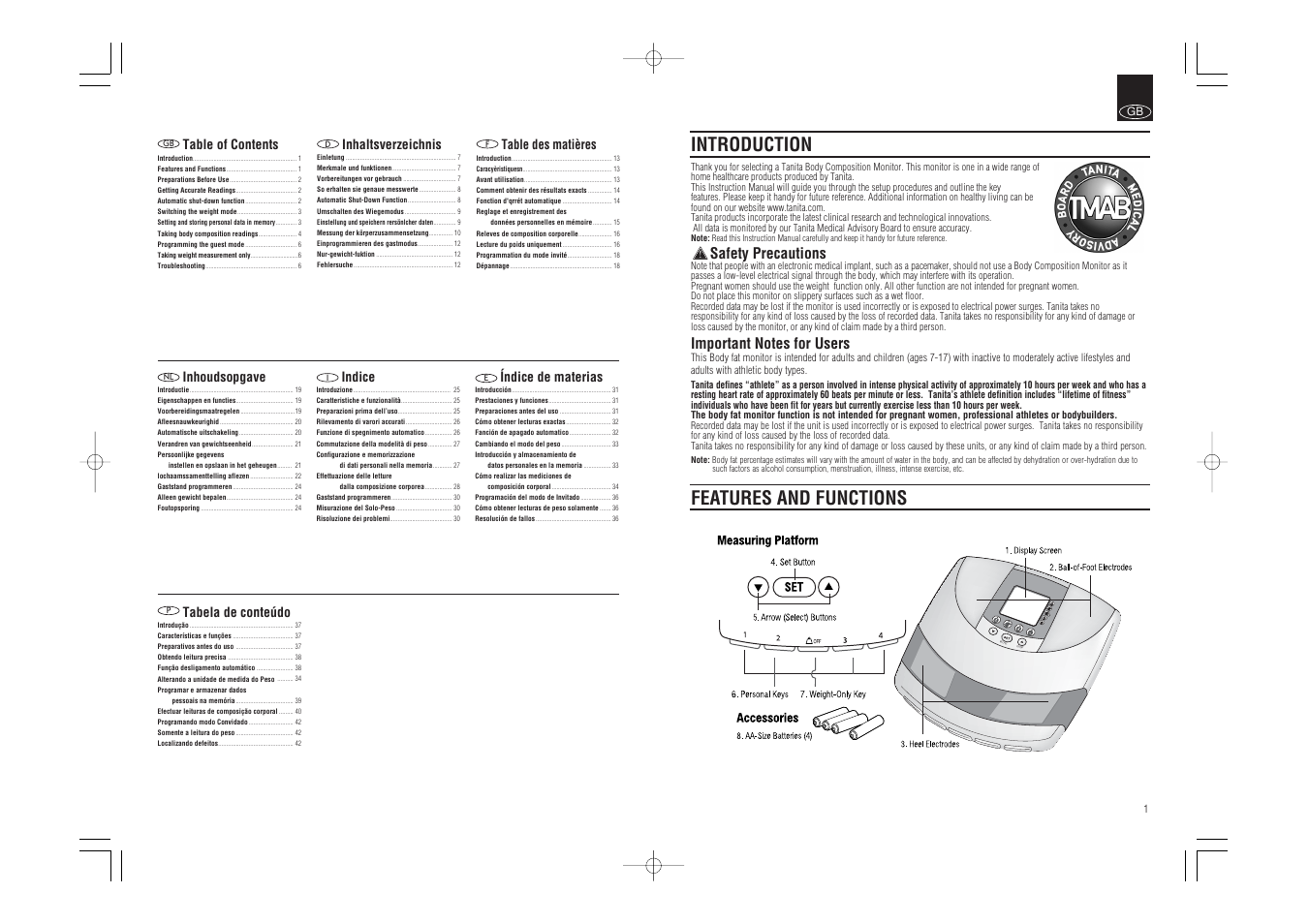 Reca ll guest, Introduction features and functions, Safety precautions | Tanita InnerScan Body Composition Monitor BC-540 User Manual | Page 2 / 23