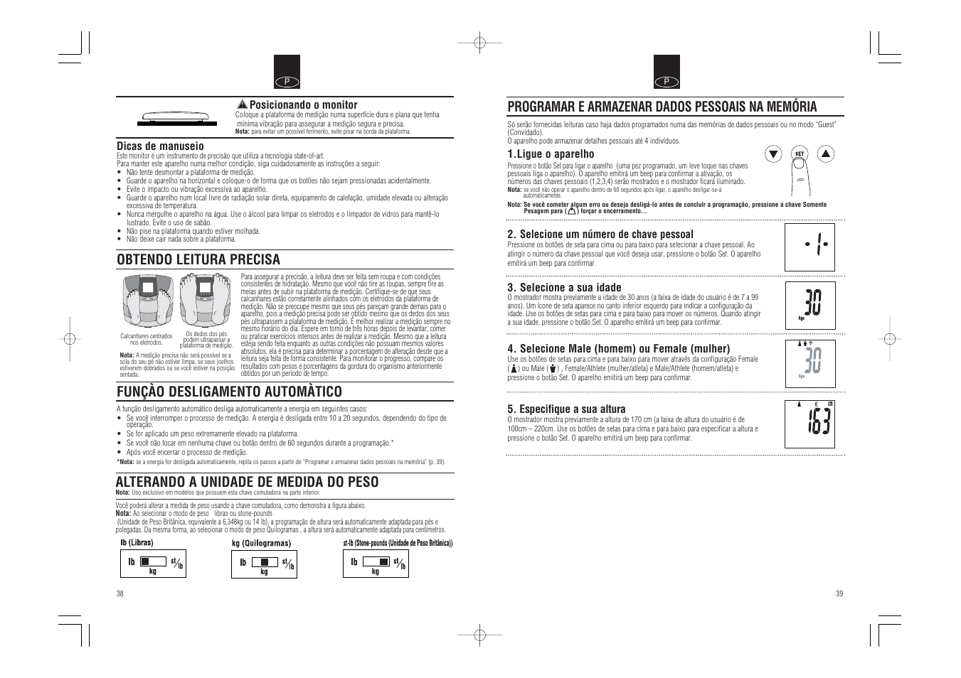 Programar e armazenar dados pessoais na memória, Obtendo leitura precisa, Funçào desligamento automàtico | Alterando a unidade de medida do peso | Tanita InnerScan Body Composition Monitor BC-540 User Manual | Page 21 / 23