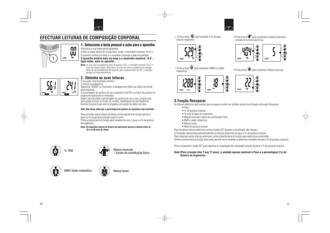 Efectuar leituras de composição corporal | Tanita InnerScan Body Composition Monitor BC-540 User Manual | Page 22 / 23