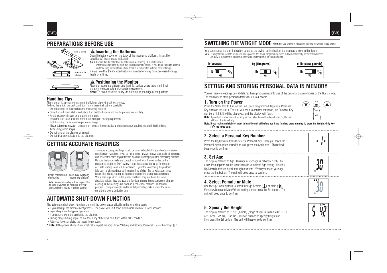 Getting accurate readings, Automatic shut-down function, Switching the weight mode | Preparations before use | Tanita InnerScan Body Composition Monitor BC-540 User Manual | Page 3 / 23