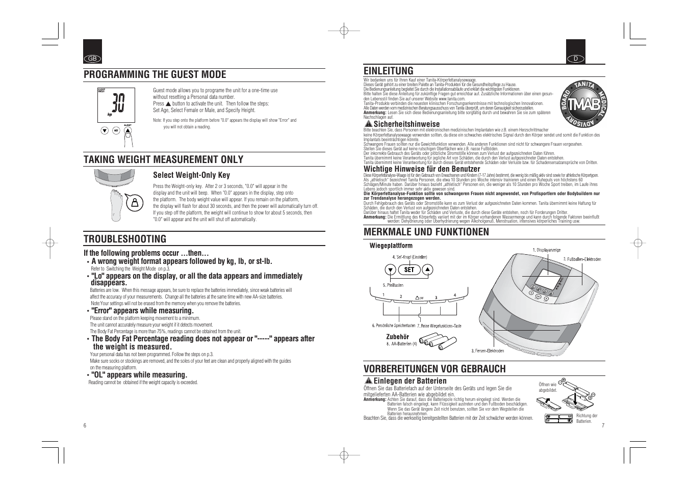 Rec all guest, Einleitung, Troubleshooting | Tanita InnerScan Body Composition Monitor BC-540 User Manual | Page 5 / 23