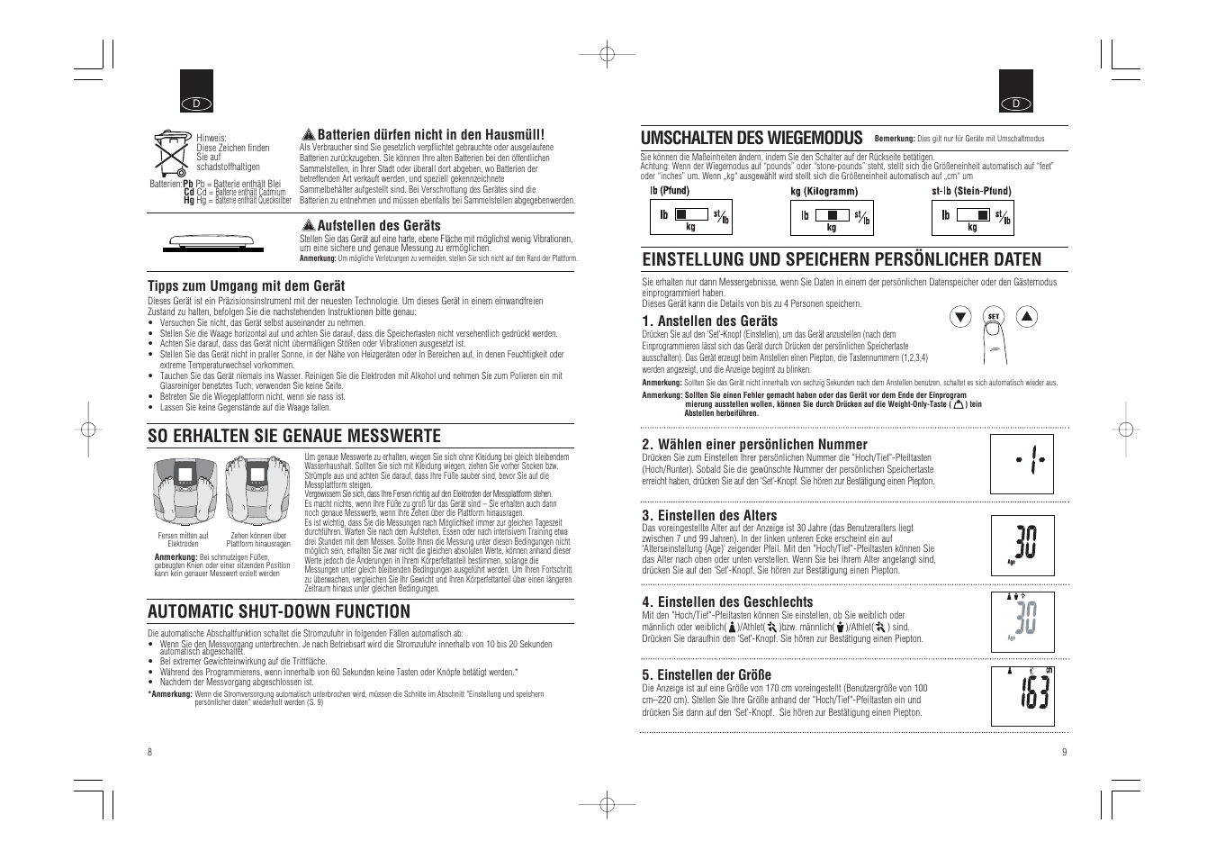 Einstellung und speichern persönlicher daten, So erhalten sie genaue messwerte, Automatic shut-down function | Umschalten des wiegemodus | Tanita InnerScan Body Composition Monitor BC-540 User Manual | Page 6 / 23